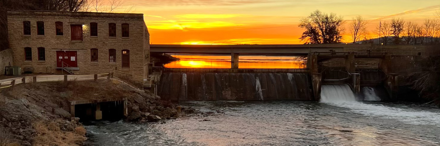 A sunset view of the West Salem Mill Dam in Wisconsin.