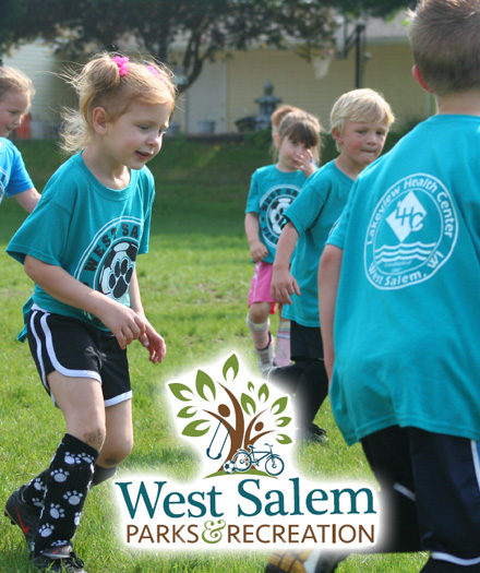 Photo of young kids playing soccer in the West Salem Parks and Recreation Department league, the West Salem Parks and Recreation Department logo is over the image.